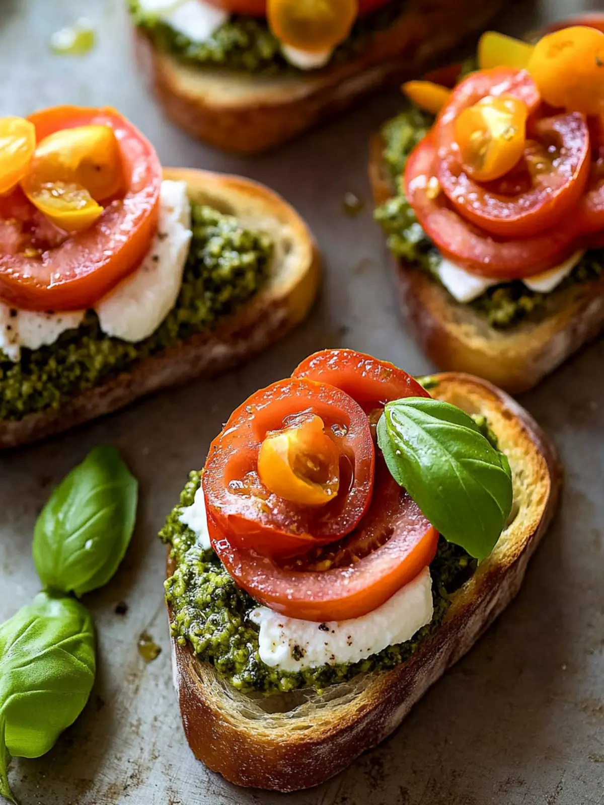 Tomato Crostini with Pesto and Ricotta