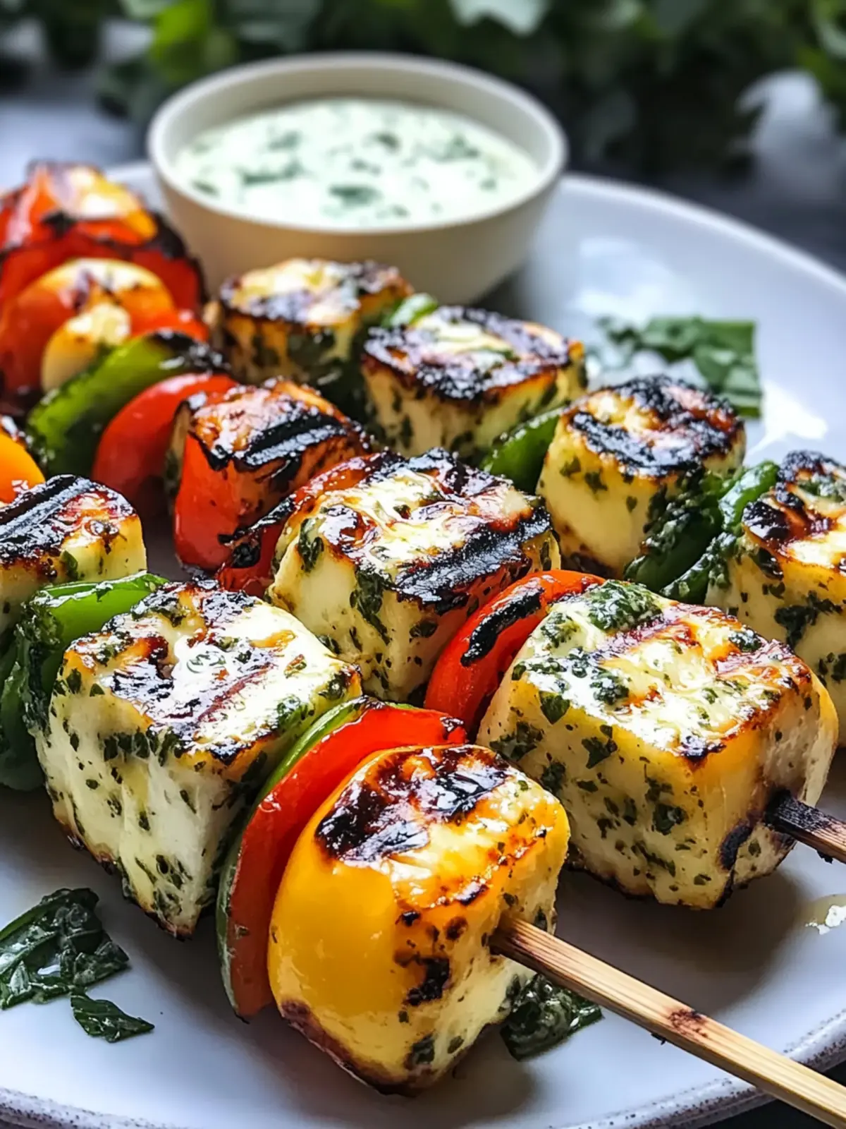 Mediterranean Grilled Halloumi Skewers with Creamy Herb Sauce