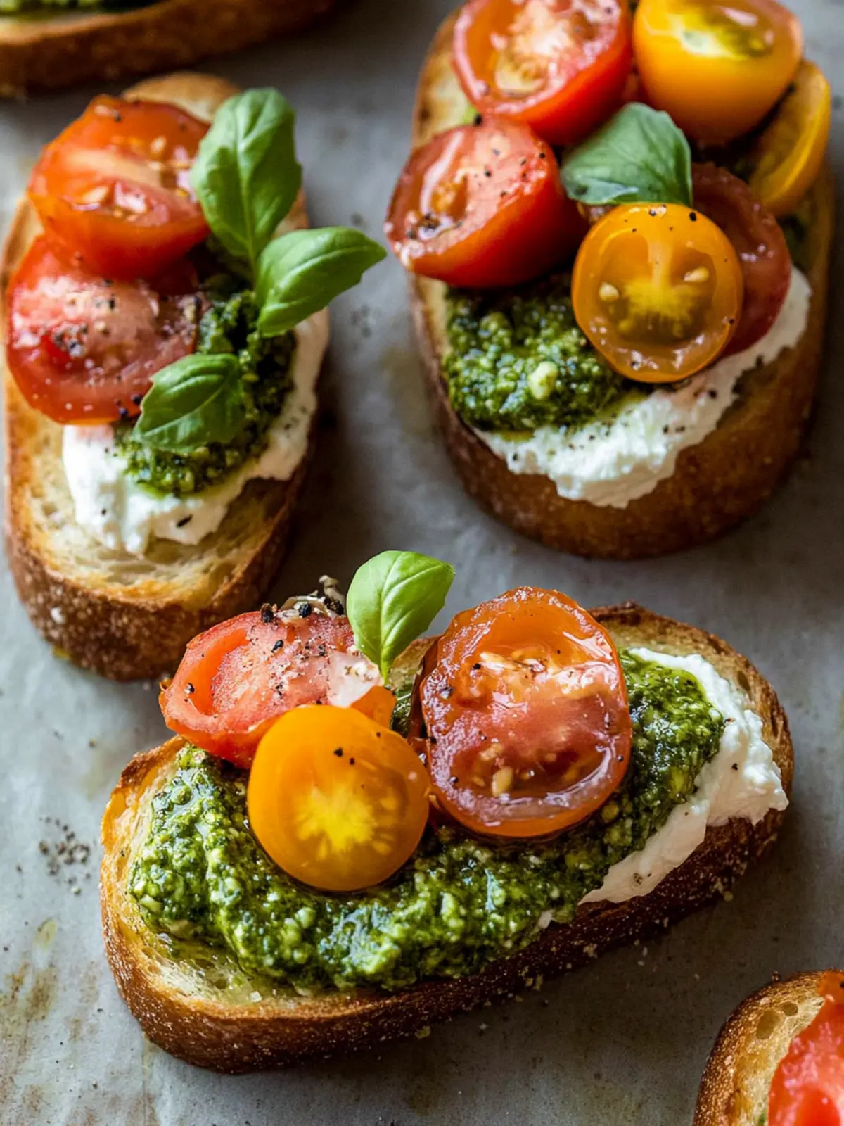 Tomato Crostini with Pesto and Ricotta